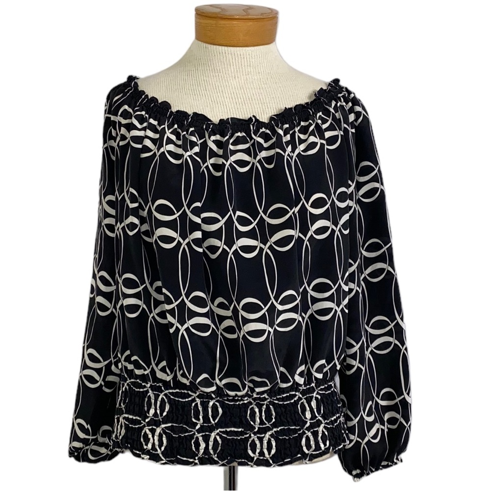 Transitions Black & White Silk Off The Shoulder Ruffle Hem Blouse Size Med